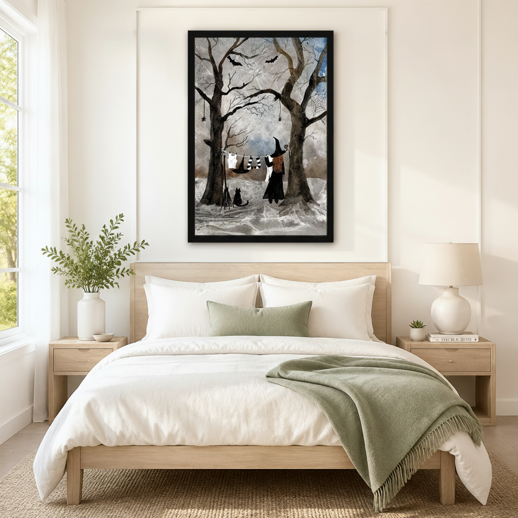 Witch in dark enchanted forest framed wall art above a neutral Scandinavian bedroom bed, whimsical halloween gothic print as statement bedroom wall decor