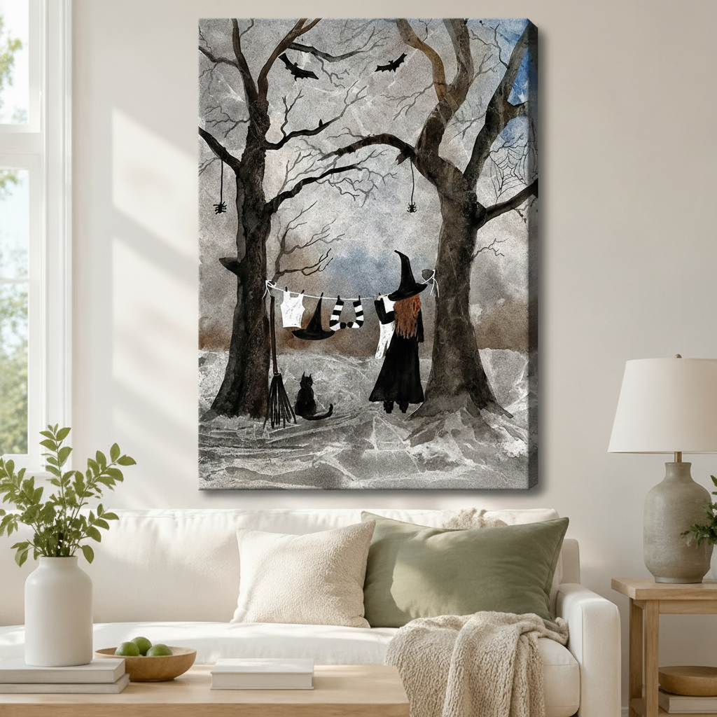Whimsical witch doing laundry in misty dark forest canvas wall art above a white sofa, halloween gothic art print with bats spiders and black cat for living room decor