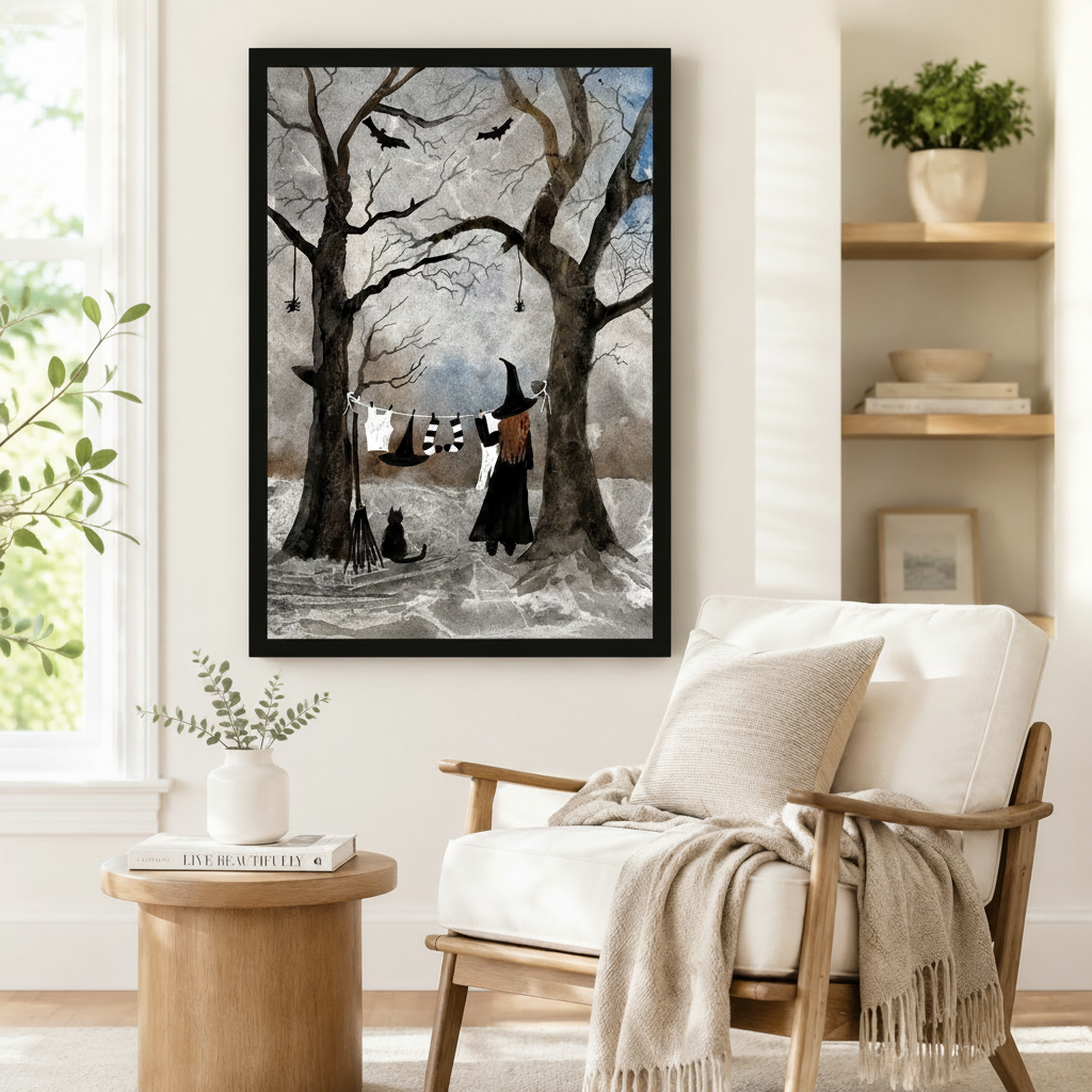 Moody witch laundry day in bare winter forest framed poster beside a Scandinavian armchair, dark academia halloween wall art with broomstick and black cat