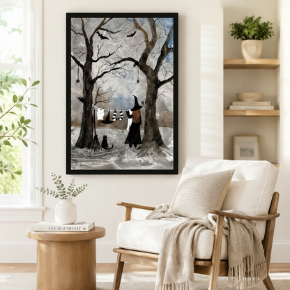 Moody witch laundry day in bare winter forest framed poster beside a Scandinavian armchair, dark academia halloween wall art with broomstick and black cat