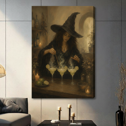Gothic oil painting of a witch in a wide-brimmed hat stirring three steaming margarita glasses by candlelight stretched canvas dark panel wall living room