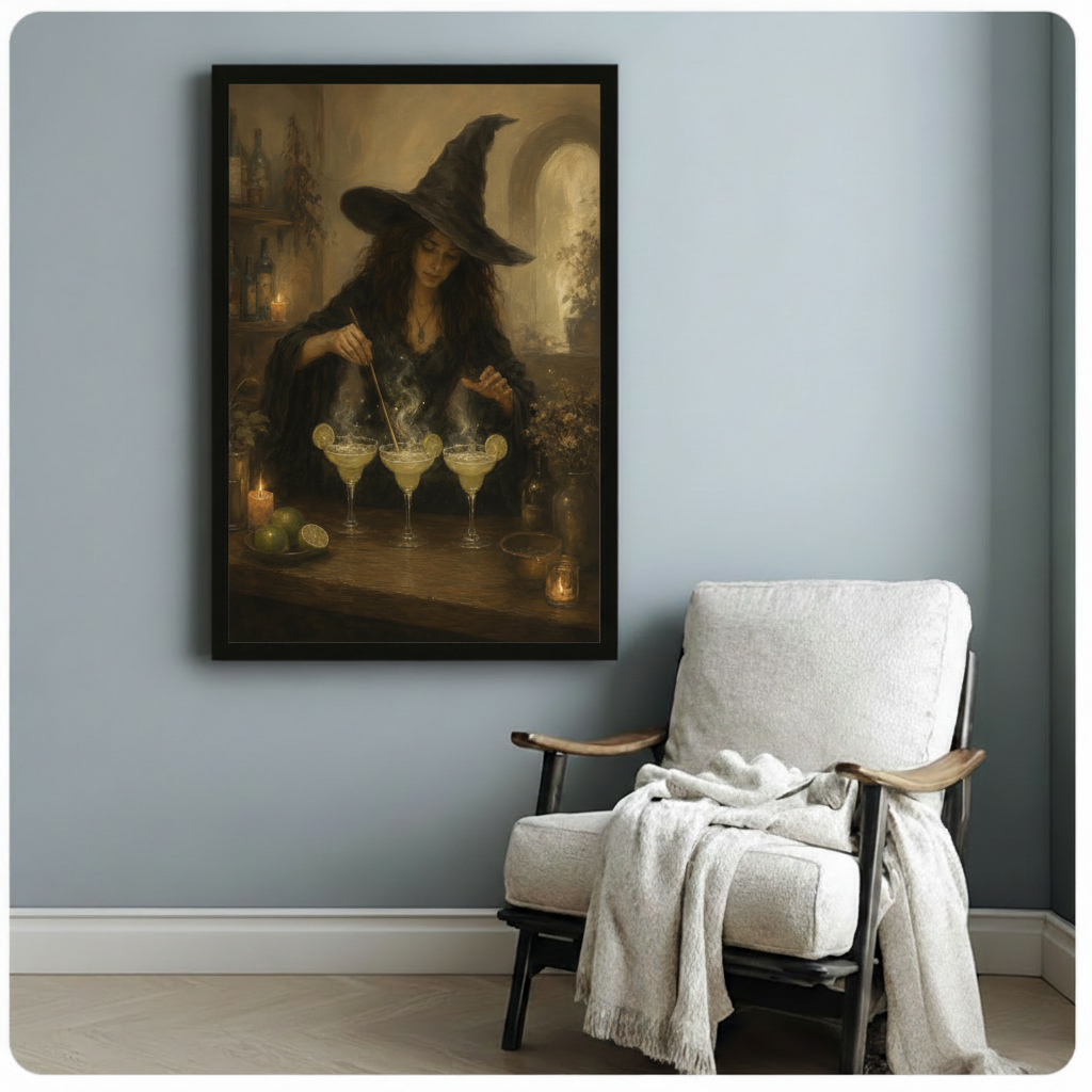 Gothic oil painting of a witch in a wide-brimmed hat stirring three steaming margarita glasses by candlelight framed print beside armchair blue-gray wall