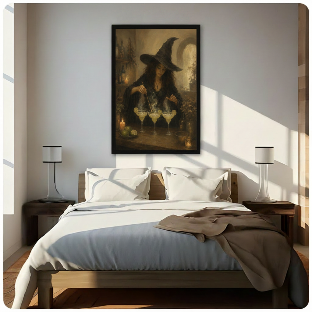 Gothic oil painting of a witch in a wide-brimmed hat stirring three steaming margarita glasses by candlelight framed print above bed sunlit bedroom