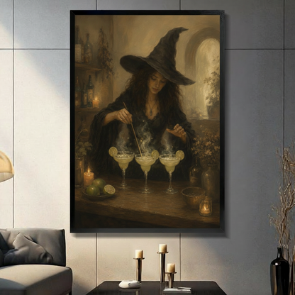 Gothic oil painting of a witch in a wide-brimmed hat stirring three steaming margarita glasses by candlelight framed print dark panel wall living room