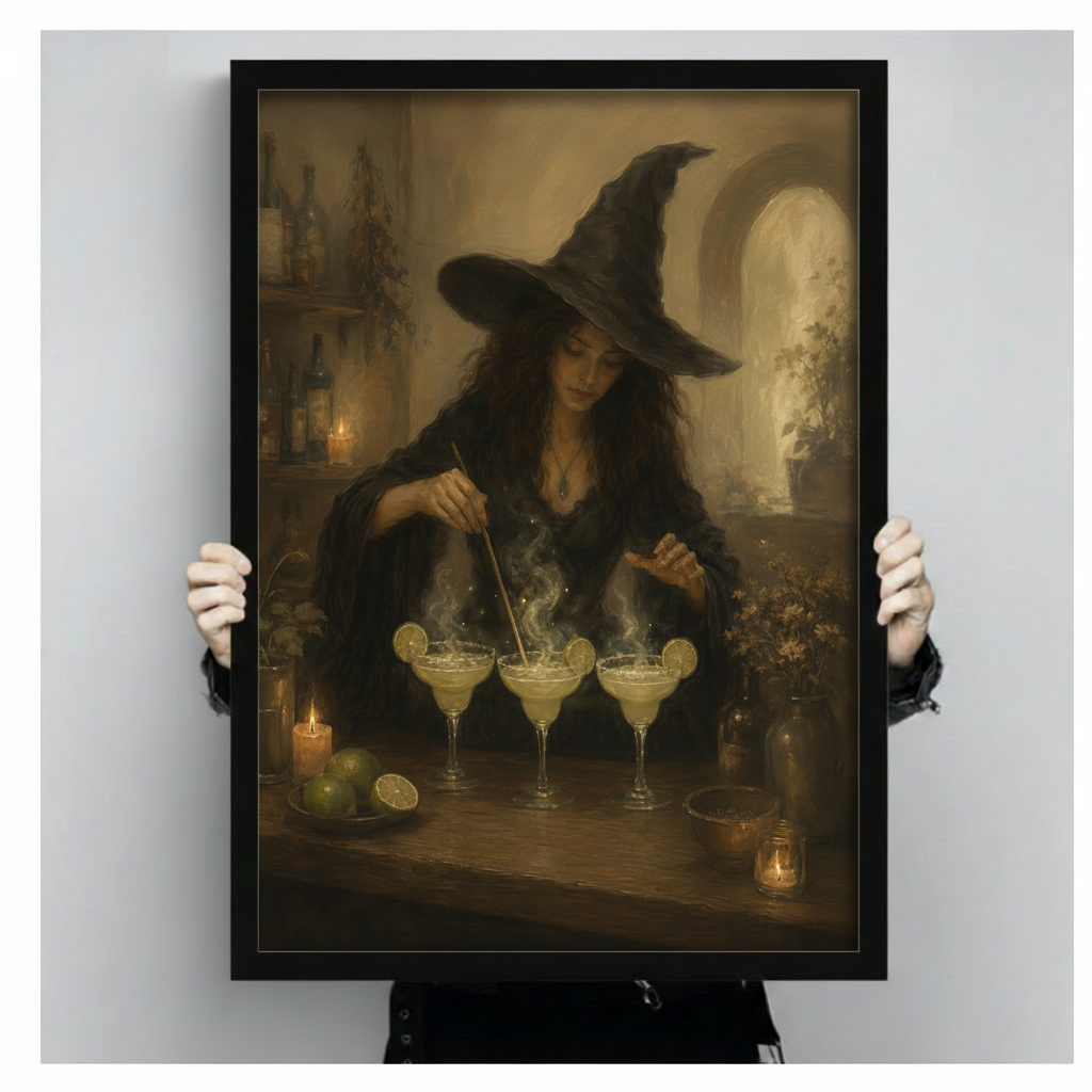 Gothic oil painting of a witch in a wide-brimmed hat stirring three steaming margarita glasses by candlelight framed print held up