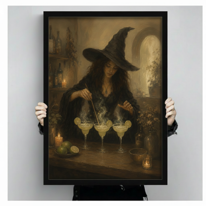 Gothic oil painting of a witch in a wide-brimmed hat stirring three steaming margarita glasses by candlelight framed print held up