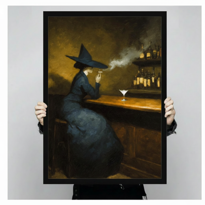 Close-up of framed witch at bar art print held by hands — dark fantasy oil painting of witch smoking with martini, fine art print detail