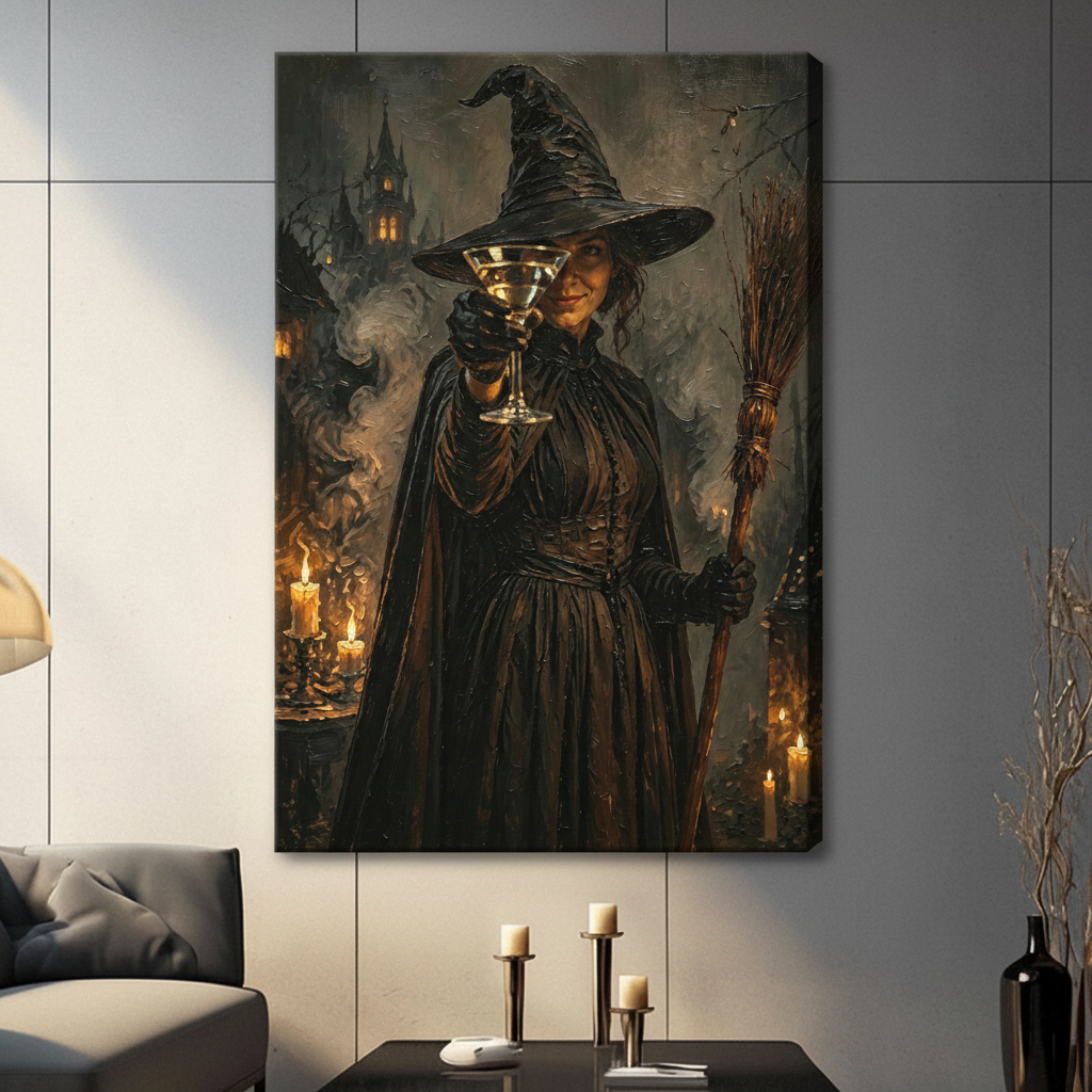 Dark gothic witch with martini glass and broomstick, canvas wrap displayed in modern living room