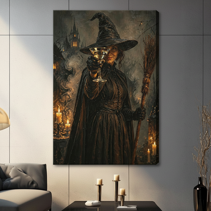 Dark gothic witch with martini glass and broomstick, canvas wrap displayed in modern living room