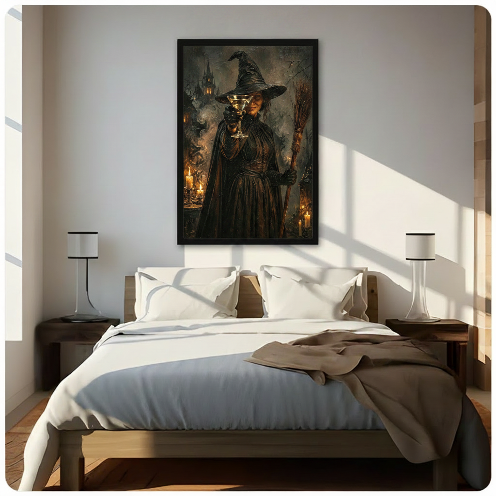 Dark gothic witch with martini glass and broomstick, framed wall art above bed in bright modern bedroom