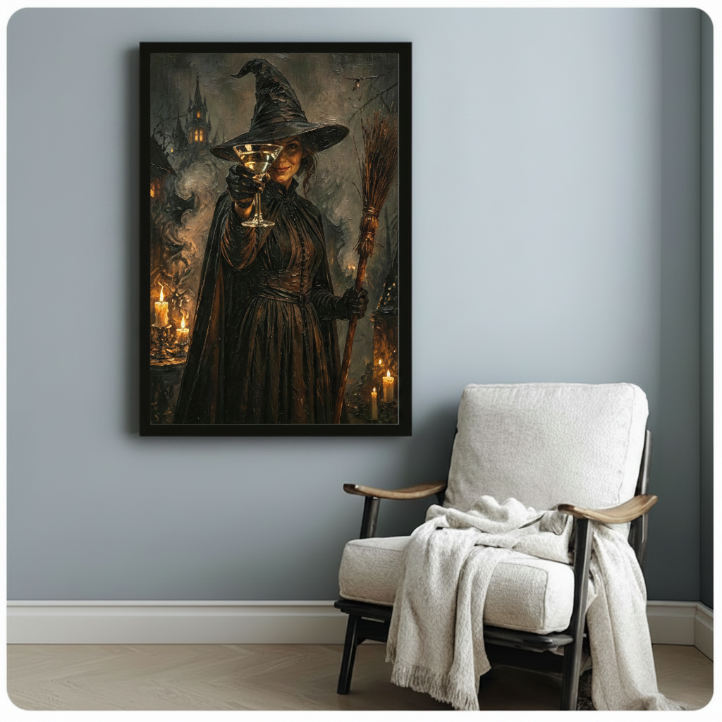 Dark gothic witch with martini glass and broomstick, framed print on blue-grey wall above armchair