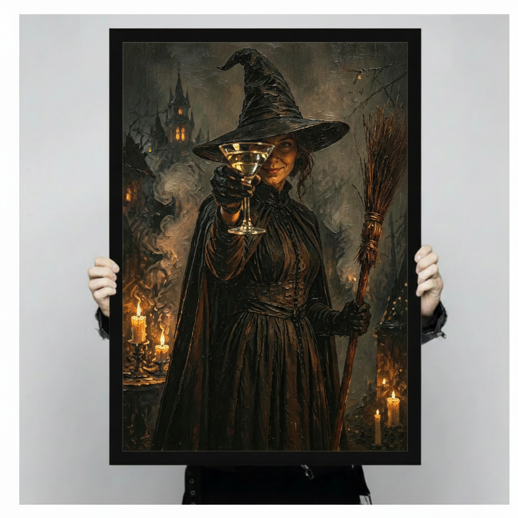 Dark gothic witch with martini glass and broomstick, framed print held by hands against neutral background