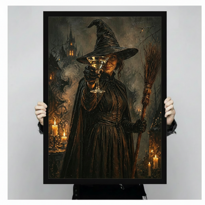 Dark gothic witch with martini glass and broomstick, framed print held by hands against neutral background