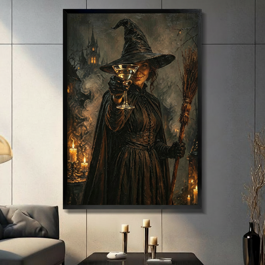 Dark gothic witch with martini glass and broomstick, framed wall art displayed in modern living room