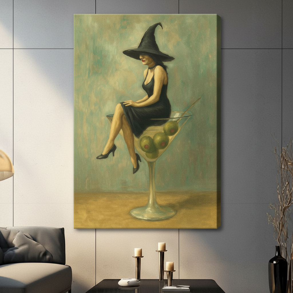 Gallery-wrapped canvas print featuring a stylish witch perched on an oversized martini glass, wearing a black dress and pointed hat, antique painting aesthetic, living room decor