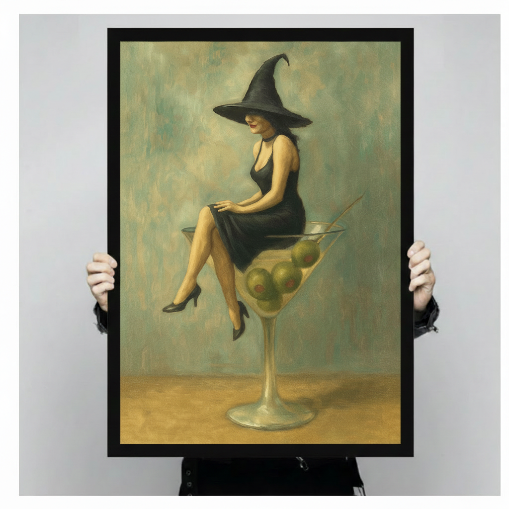 Unframed art print of a mysterious witch in a black dress and tall pointed hat sitting atop a giant martini glass with olives, gothic Halloween wall decor