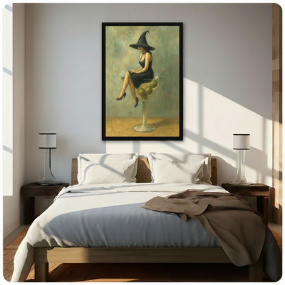 Framed canvas art of an elegant witch perched on an oversized martini glass in a vintage oil painting style, styled above a bed as sophisticated bedroom wall decor