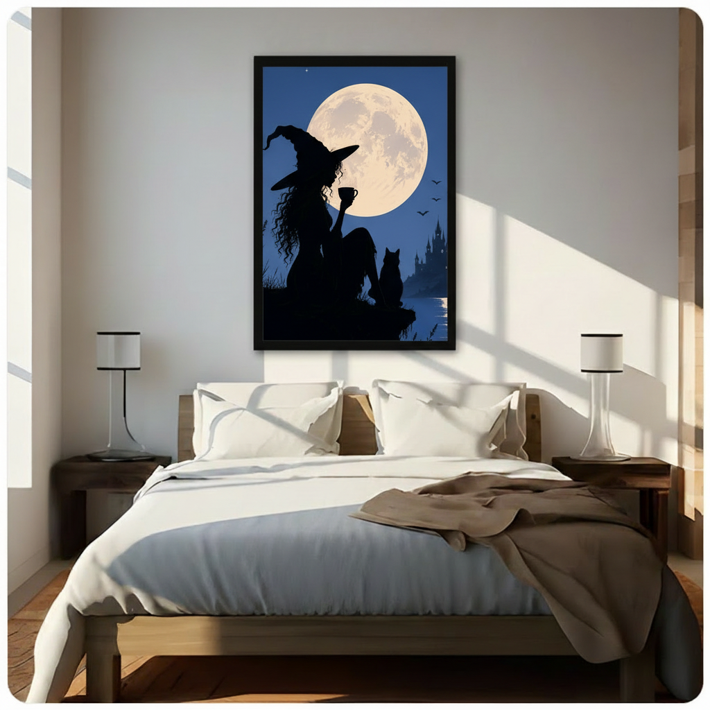 Black framed witch and black cat full moon canvas above bed, gothic bedroom wall art decor