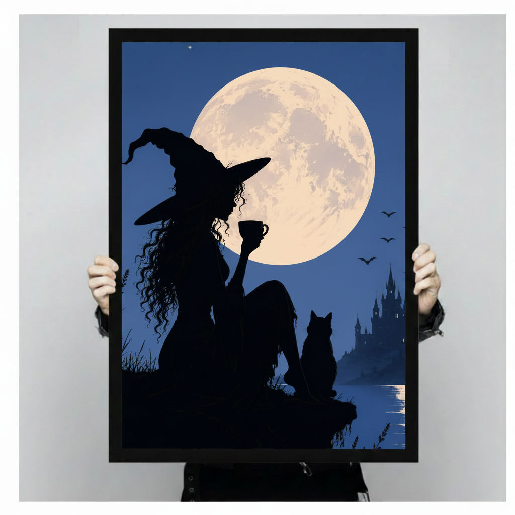 Person holding black framed witch silhouette wall art print with full moon and castle background