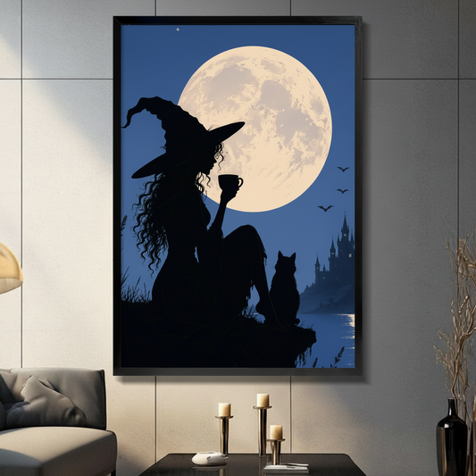 Framed gothic witch silhouette canvas art with full moon and black cat, displayed in modern living room