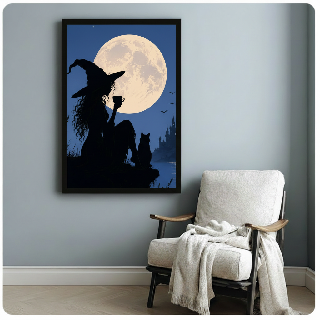 Gothic witch moon canvas print in black frame above cozy reading chair, dark fantasy wall decor