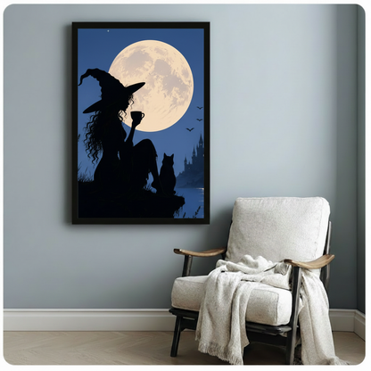 Gothic witch moon canvas print in black frame above cozy reading chair, dark fantasy wall decor