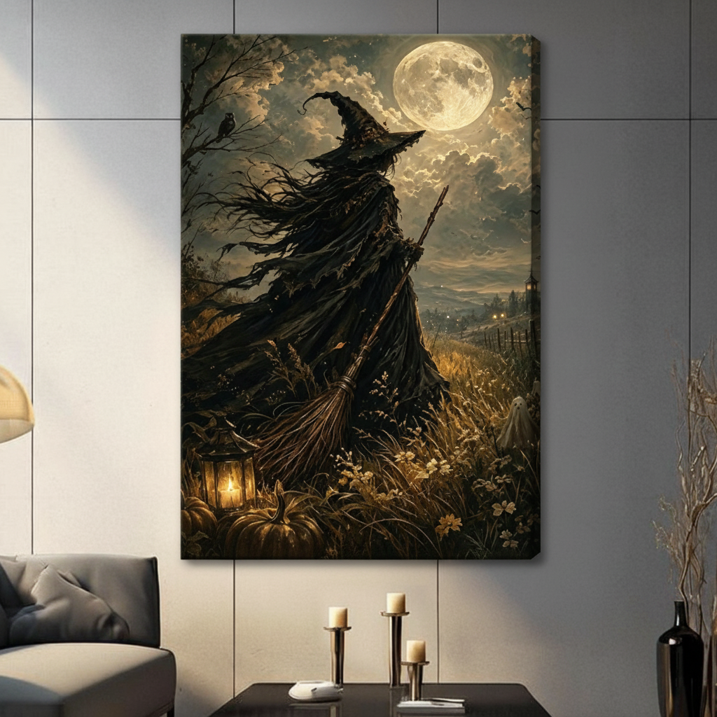 Gallery wrap canvas gothic witch flying cloak broomstick dual lanterns full moon autumn field pumpkins Halloween wall art