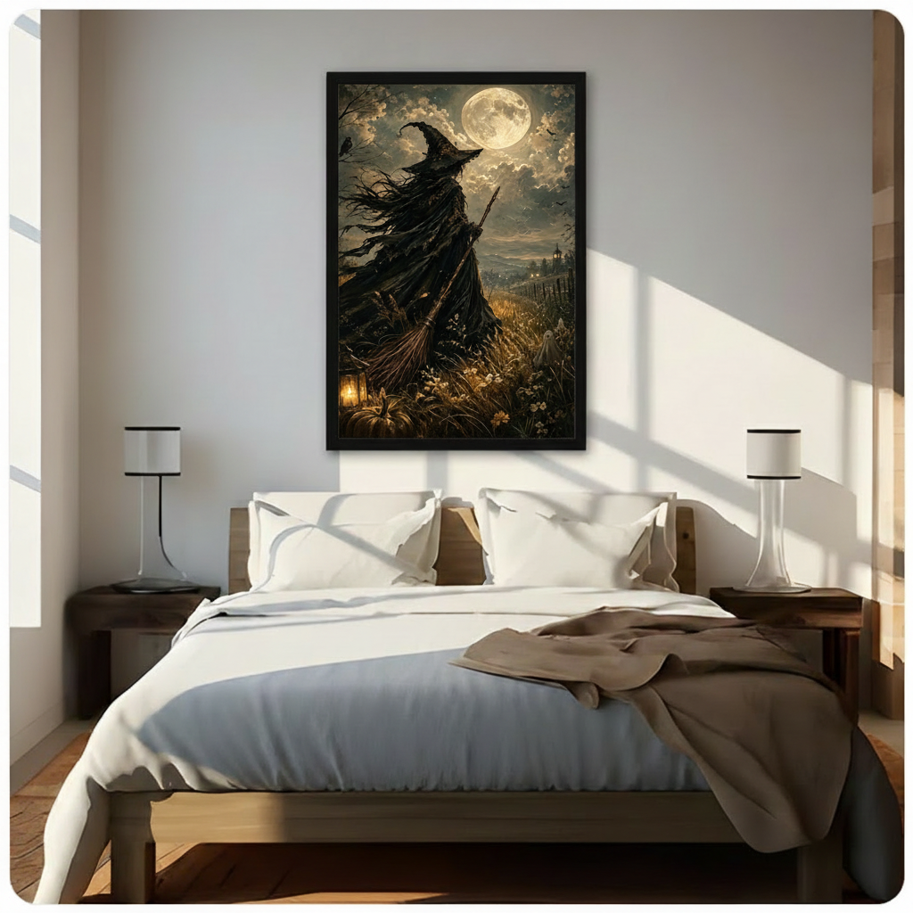 Black framed gothic witch full moon broomstick lantern autumn oil painting Halloween canvas wall art above dark wood bed
