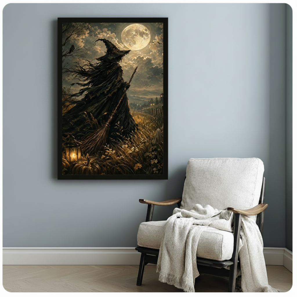 Black framed dark academia witch broomstick full moon lantern autumn field oil painting gothic Halloween canvas print