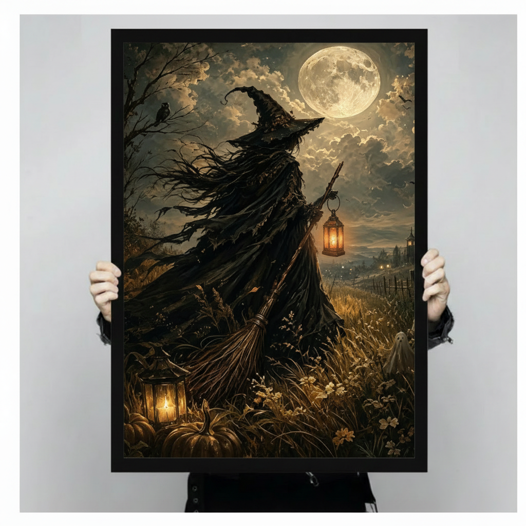 Hands holding black framed gothic witch broomstick lantern full moon pumpkin field canvas art Halloween wall decor size display