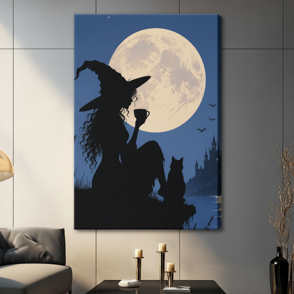 Gallery wrapped witch and cat silhouette wall art under full moon, hung in contemporary living room