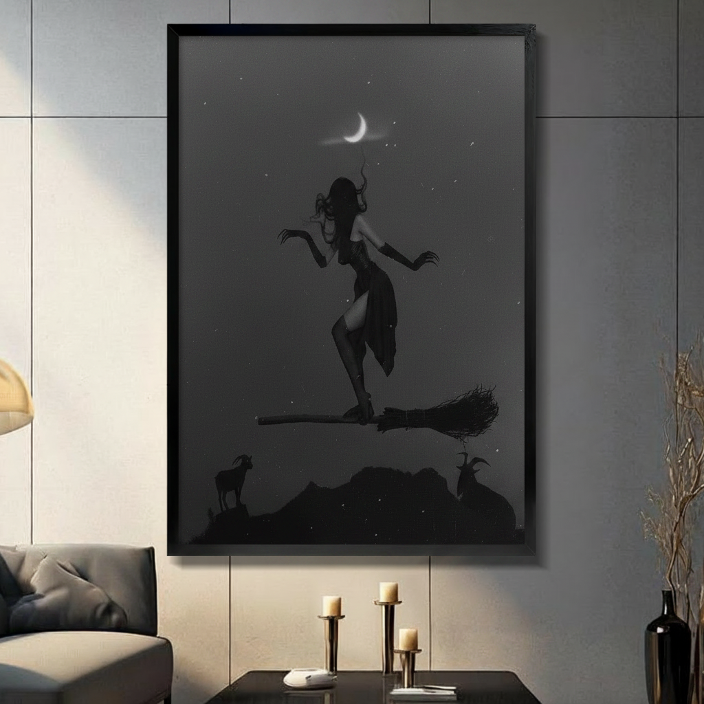 Dark gothic witch on broomstick wall art in black frame, hung on dark grey wall above candle holders, crescent moon and goat silhouettes
