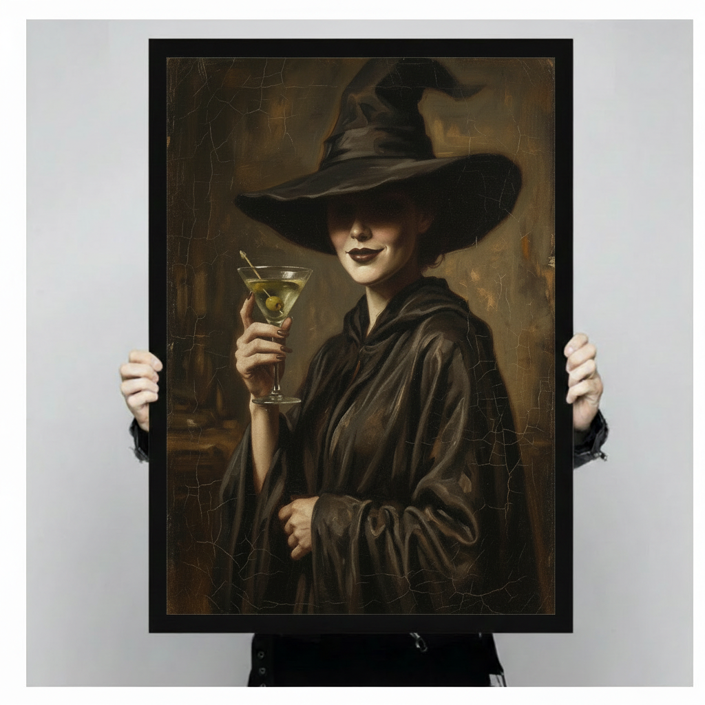  Framed gothic witch portrait canvas hung above bed in sunlit bedroom, dark fantasy wall art featuring smiling witch in pointed hat with martini