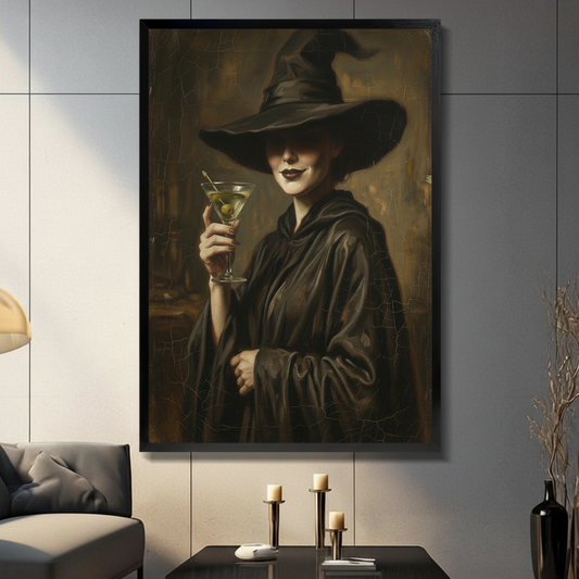 Gothic witch portrait framed canvas wall art featuring a smiling woman in black pointed hat holding a martini glass, displayed in moody dark living room with candles
