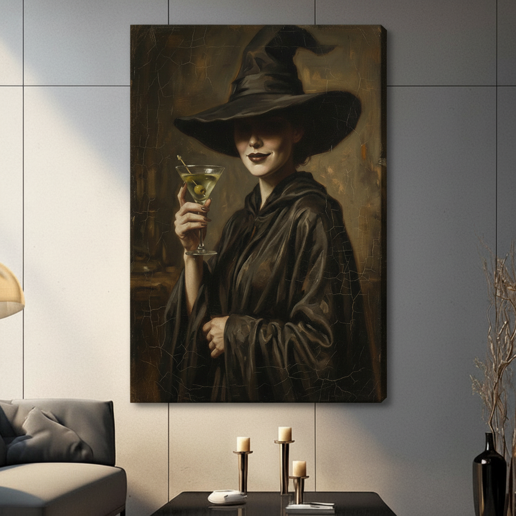  Framed gothic witch wall art print of a dark-robed woman with wide-brim pointed hat and olive martini, hung on blue-grey wall above linen armchair