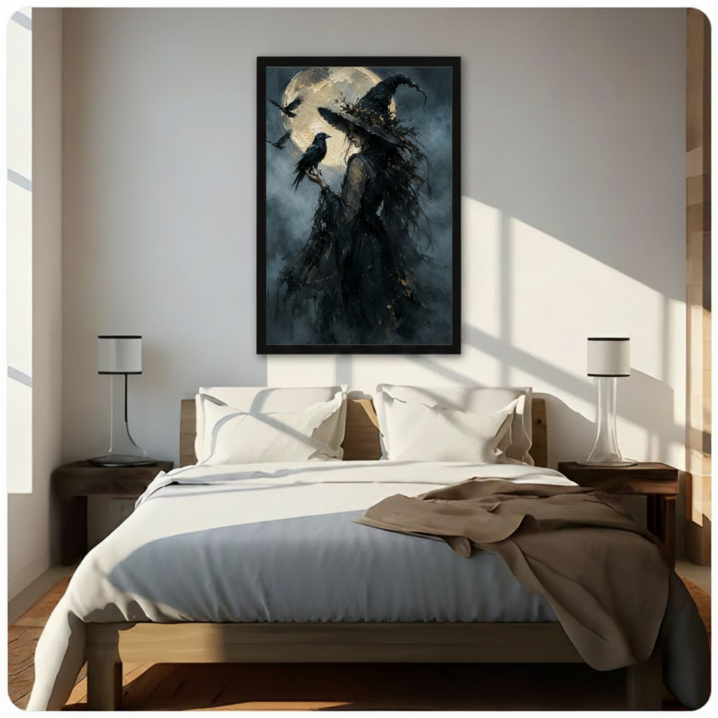 Dark witch with raven framed canvas wall art above bed in bright modern bedroom with white bedding and wooden nightstands