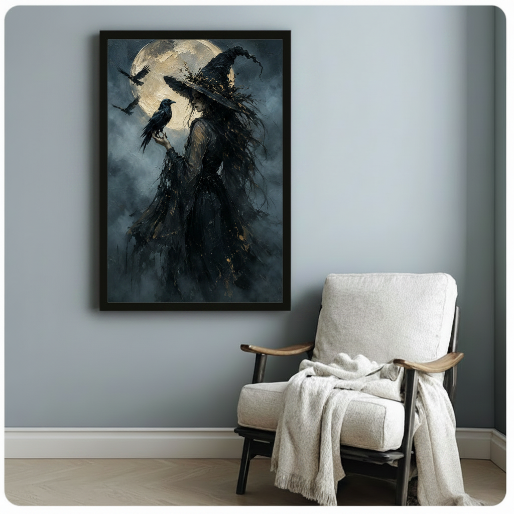 Dark witch with raven framed canvas wall art on light blue-gray wall above white linen armchair with throw blanket