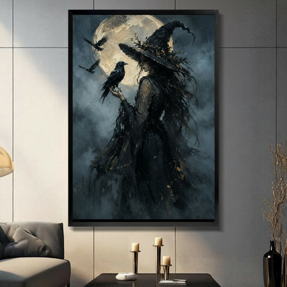 Dark witch with raven framed canvas wall art black frame on gray panel wall above black candlestick table in modern living room