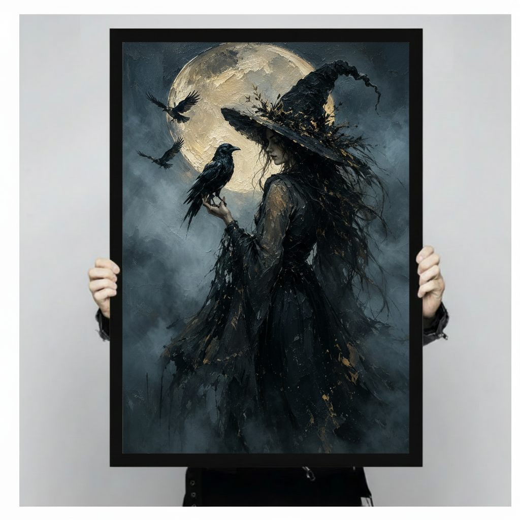 Person holding dark witch with raven framed canvas wall art size reference gothic oil painting black frame