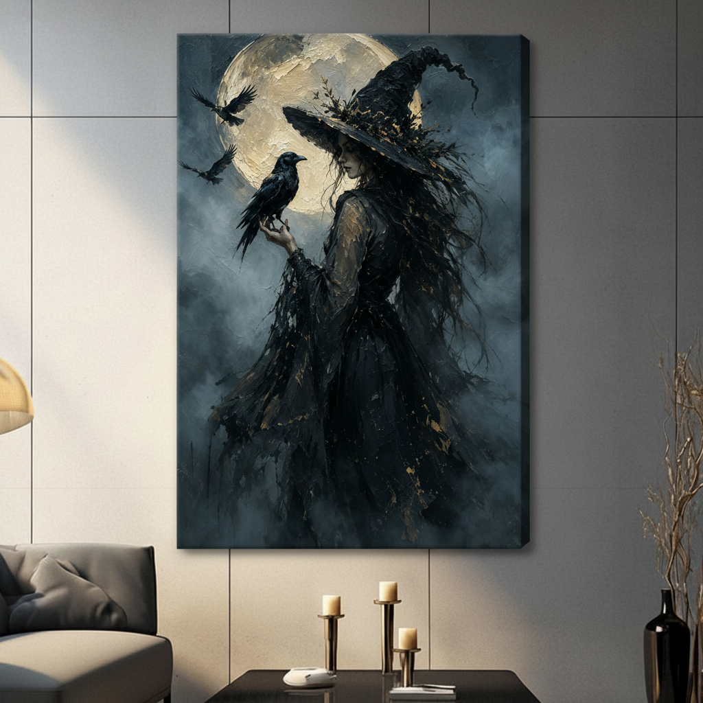 Dark witch with raven stretched canvas wall art on gray panel wall above black candlestick table in modern living room