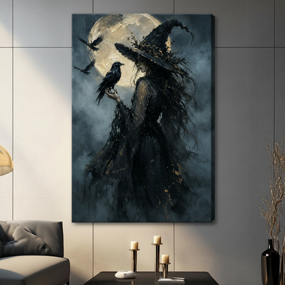 Dark witch with raven stretched canvas wall art on gray panel wall above black candlestick table in modern living room