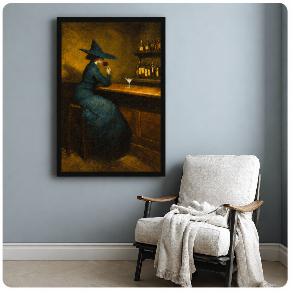 Witch rose bar canvas wall art beside a white armchair, depicting a pointed-hat witch with a red rose and golden bottle shelves