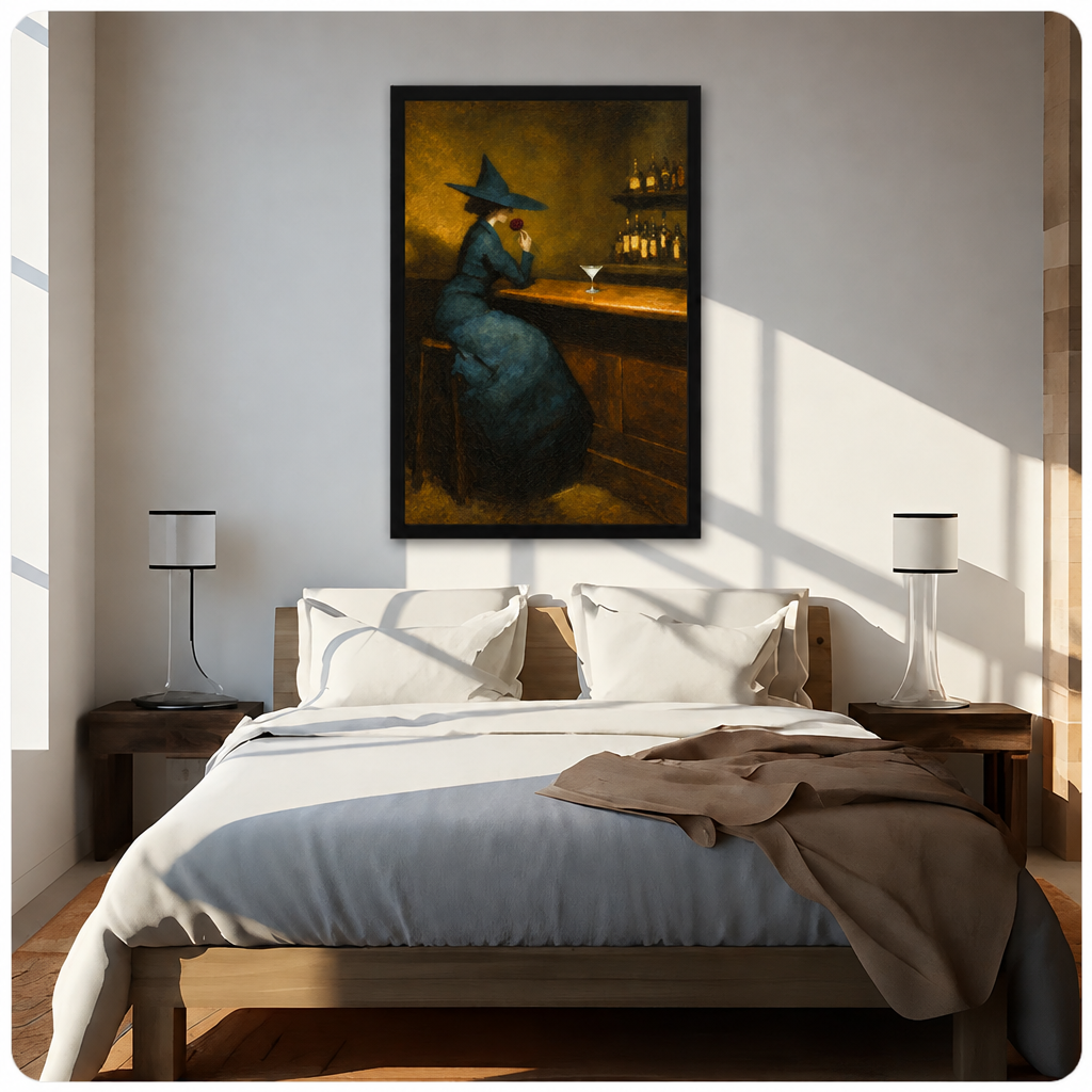 Witch rose bar canvas wall art above a bed, showing a seated witch in a dark teal gown against warm amber bar lighting