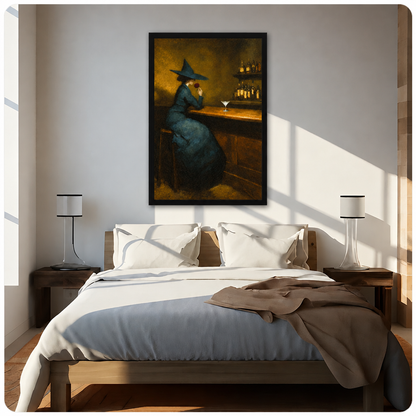 Witch rose bar canvas wall art above a bed, showing a seated witch in a dark teal gown against warm amber bar lighting