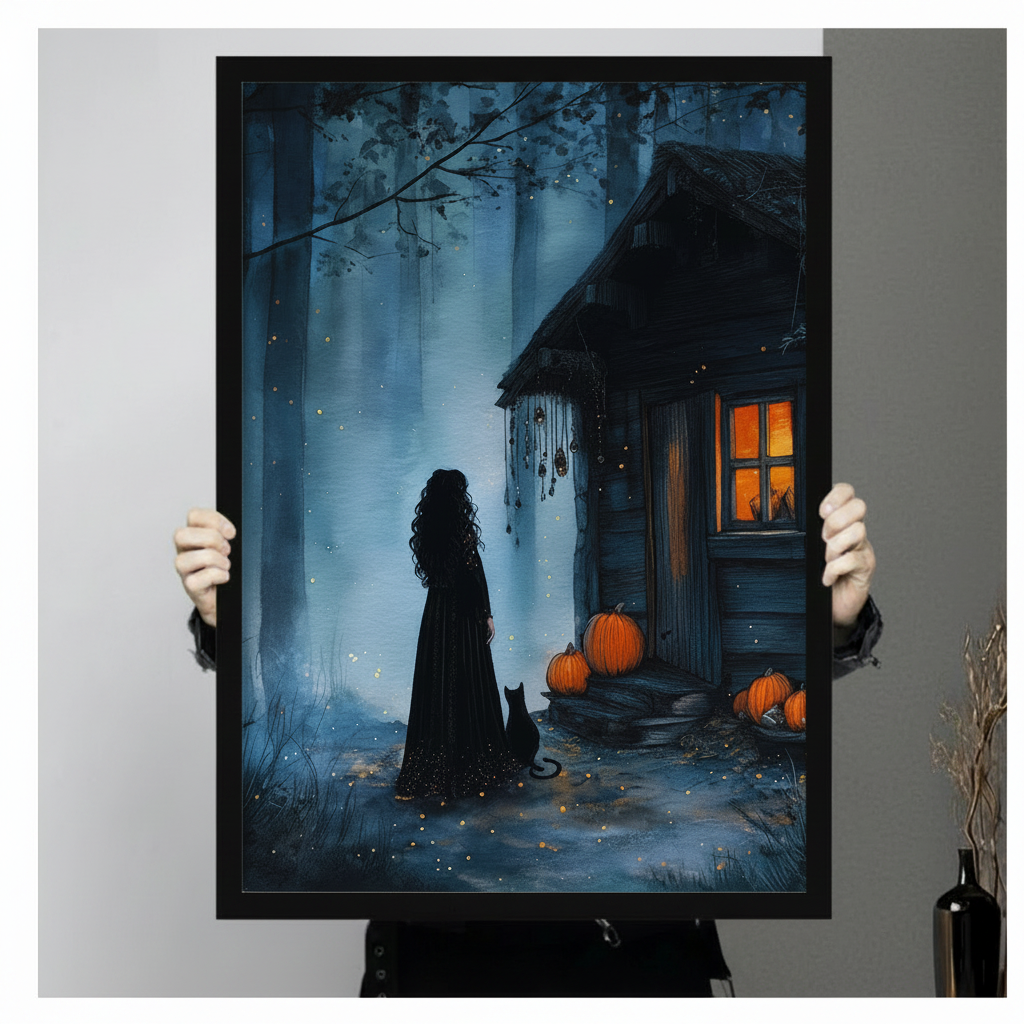 Close-up hand-held product shot of a framed dark fantasy wall art print showing a witch silhouette and black cat before a glowing forest cabin with orange pumpkins, rich blue and amber tones with firefly sparkle details