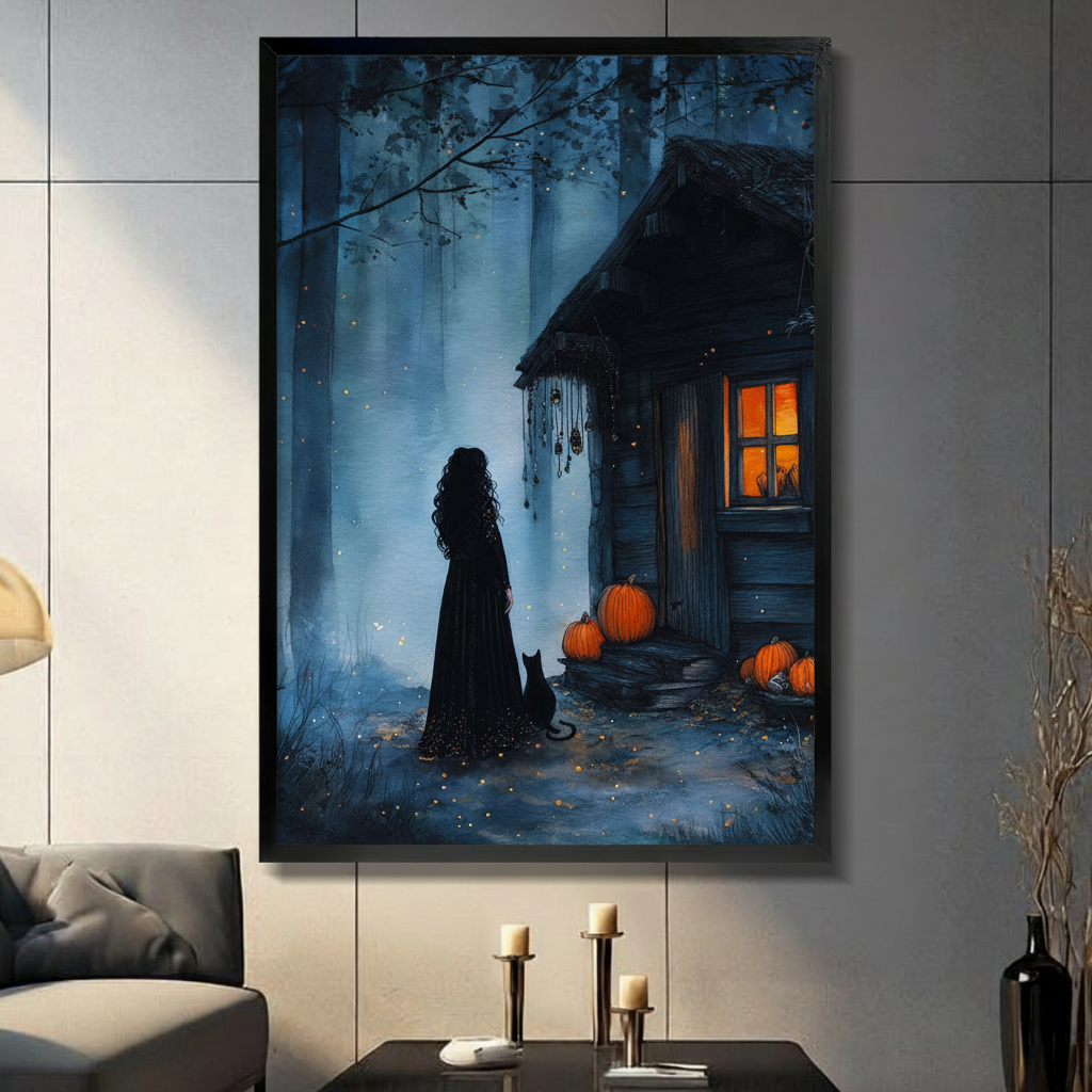 Framed gothic Halloween wall art print of a witch silhouette in a black gown standing with a black cat beside a glowing forest cabin surrounded by orange pumpkins, displayed in a moody dark living room