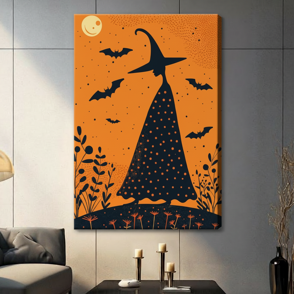 Frameless canvas print of Halloween witch silhouette surrounded by botanical plants and bats on vibrant orange background
