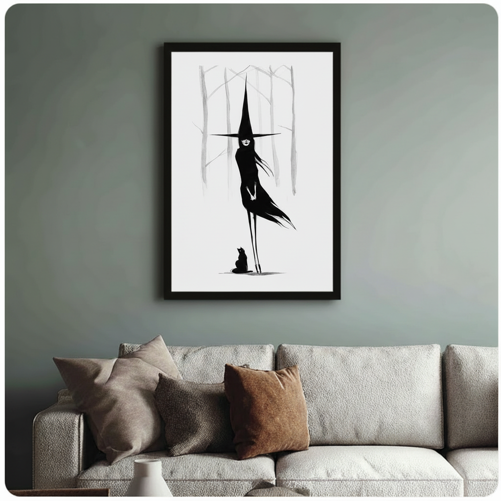 Witch silhouette with black cat framed wall art print in living room with sage green wall and neutral sofa