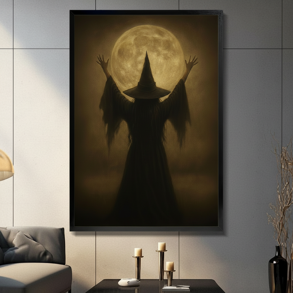 Framed gothic wall art print of a dark witch silhouette raising her arms before a glowing full moon, displayed in a modern living room