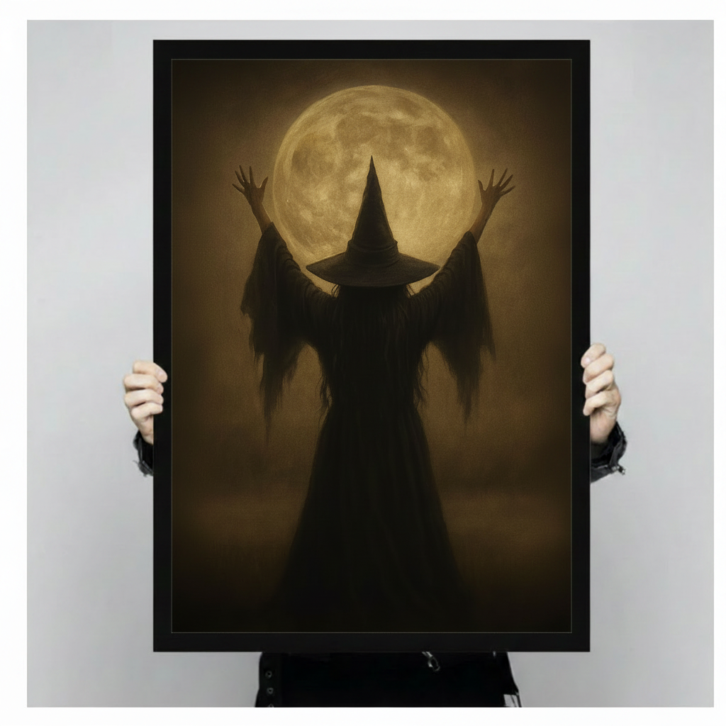 Close-up of a black framed gothic witch silhouette art print held by hands, showcasing the moody golden full moon background